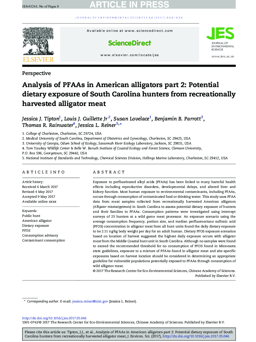 Analysis of PFAAs in American alligators part 2: Potential dietary exposure of South Carolina hunters from recreationally harvested alligator meat