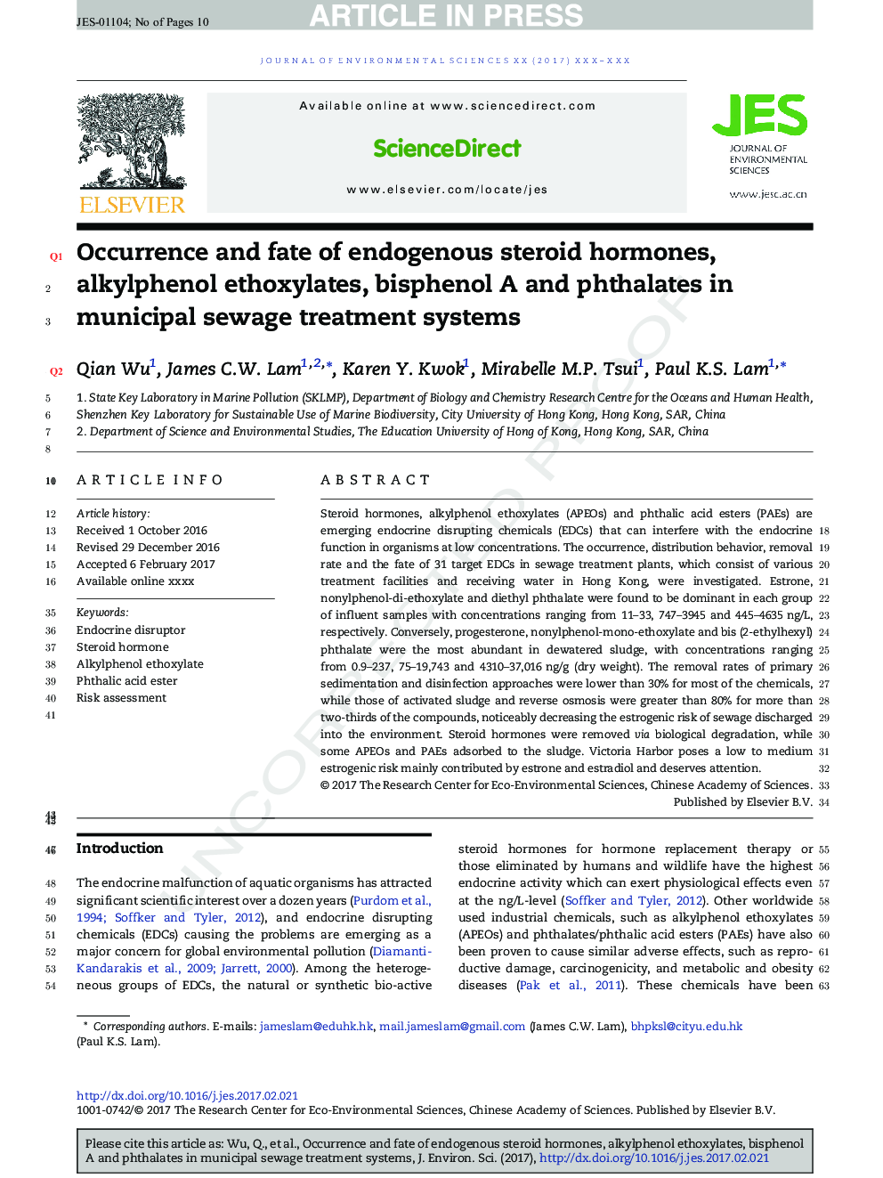 Occurrence and fate of endogenous steroid hormones, alkylphenol ethoxylates, bisphenol A and phthalates in municipal sewage treatment systems