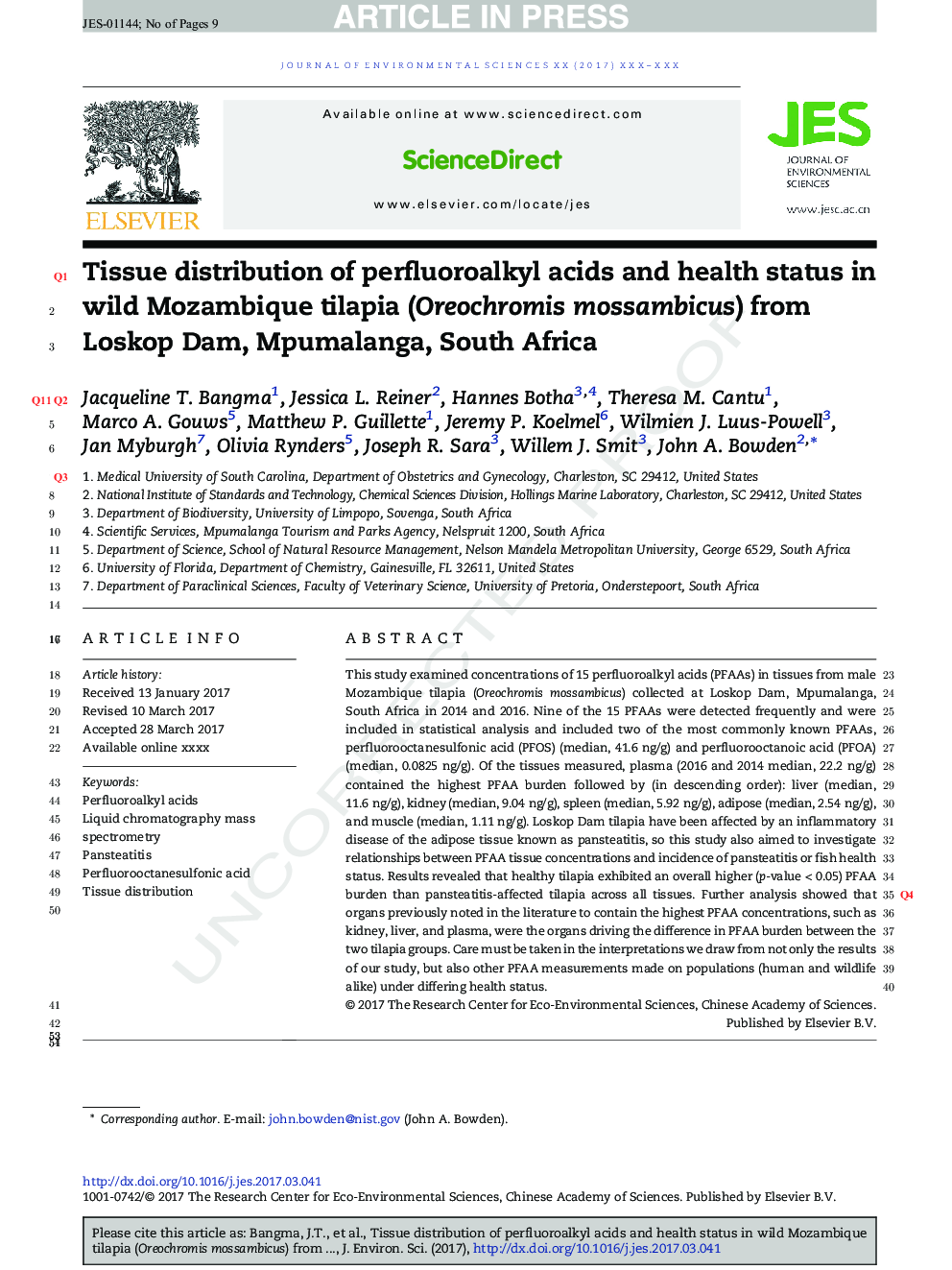 Tissue distribution of perfluoroalkyl acids and health status in wild Mozambique tilapia (Oreochromis mossambicus) from Loskop Dam, Mpumalanga, South Africa