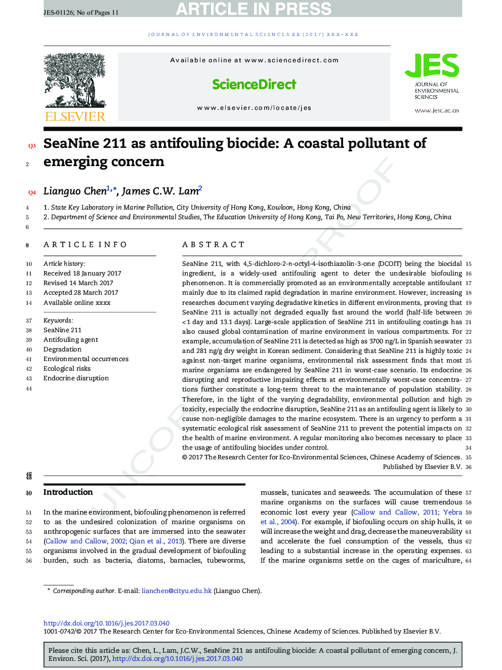 SeaNine 211 as antifouling biocide: A coastal pollutant of emerging concern