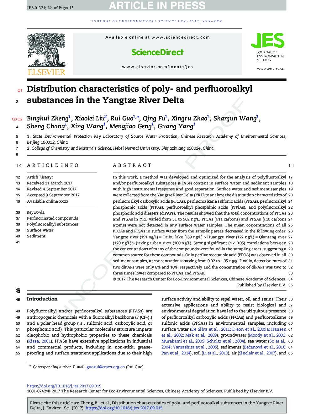 Distribution characteristics of poly- and perfluoroalkyl substances in the Yangtze River Delta