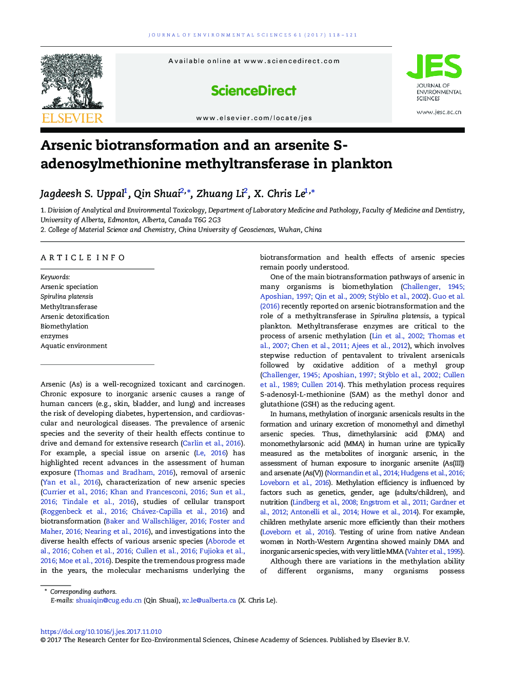 Arsenic biotransformation and an arsenite S-adenosylmethionine methyltransferase in plankton
