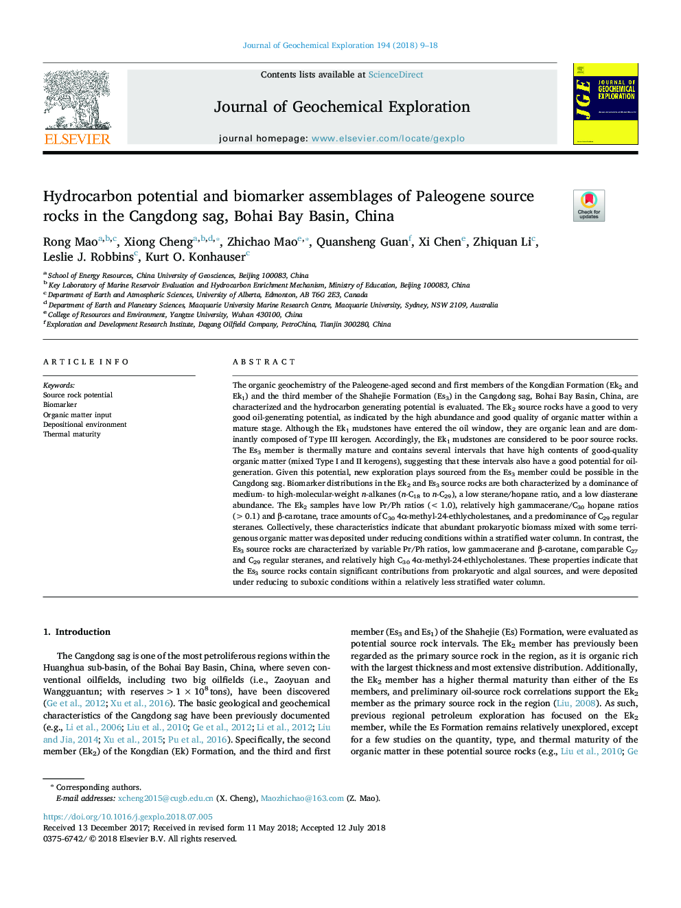 Hydrocarbon potential and biomarker assemblages of Paleogene source rocks in the Cangdong sag, Bohai Bay Basin, China