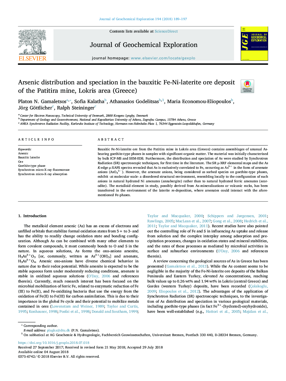 Arsenic distribution and speciation in the bauxitic Fe-Ni-laterite ore deposit of the Patitira mine, Lokris area (Greece)