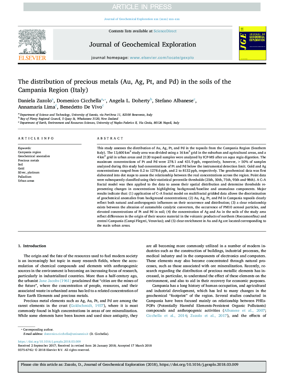 The distribution of precious metals (Au, Ag, Pt, and Pd) in the soils of the Campania Region (Italy)