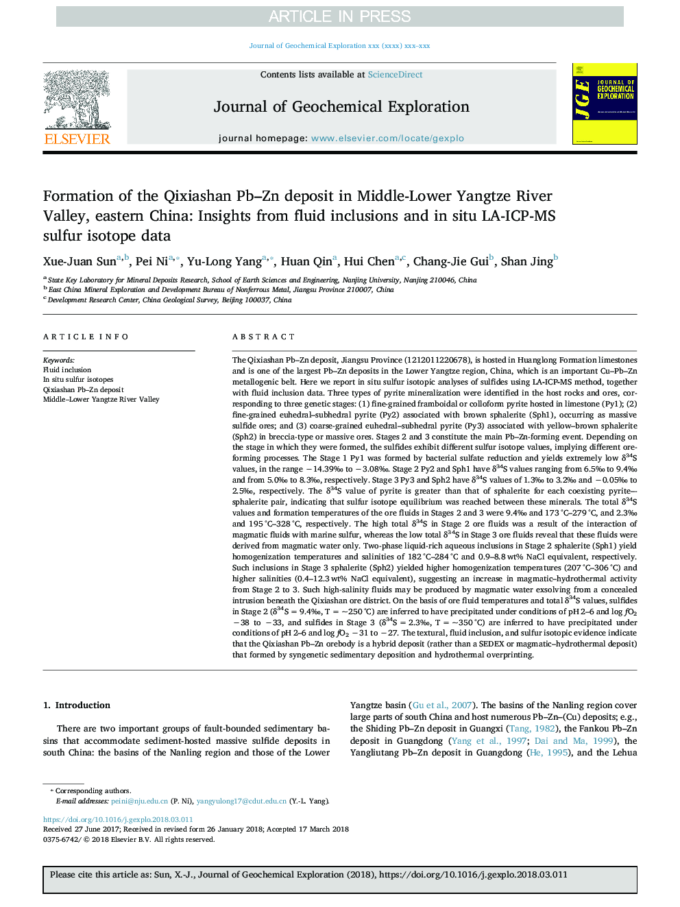 Formation of the Qixiashan Pb-Zn deposit in Middle-Lower Yangtze River Valley, eastern China: Insights from fluid inclusions and in situ LA-ICP-MS sulfur isotope data