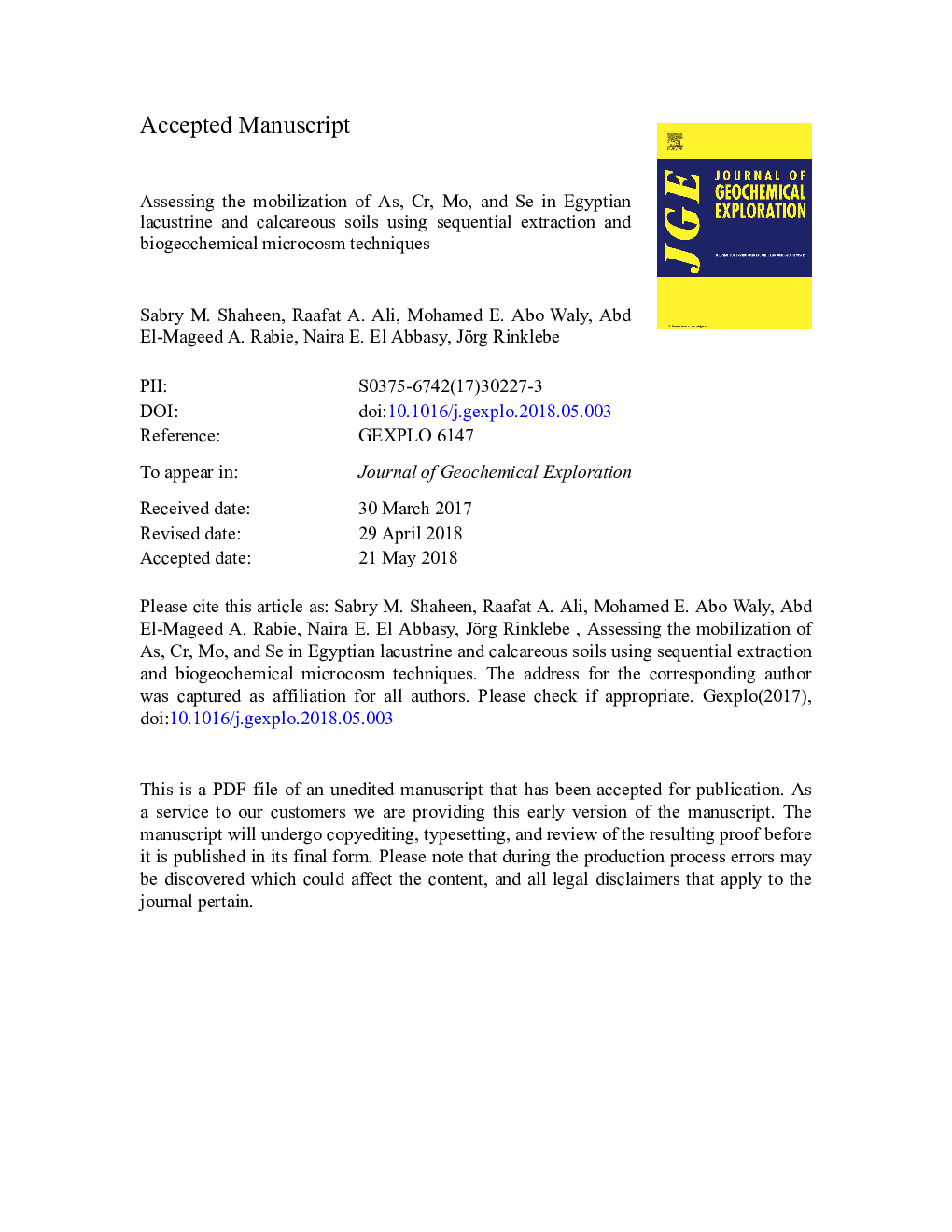 Assessing the mobilization of As, Cr, Mo, and Se in Egyptian lacustrine and calcareous soils using sequential extraction and biogeochemical microcosm techniques