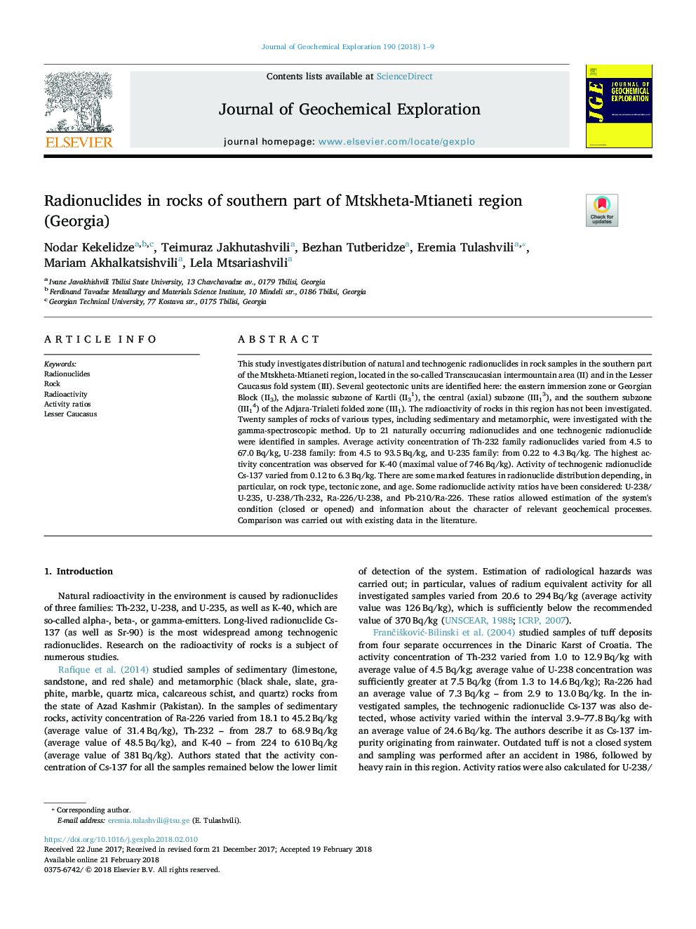 Radionuclides in rocks of southern part of Mtskheta-Mtianeti region (Georgia)