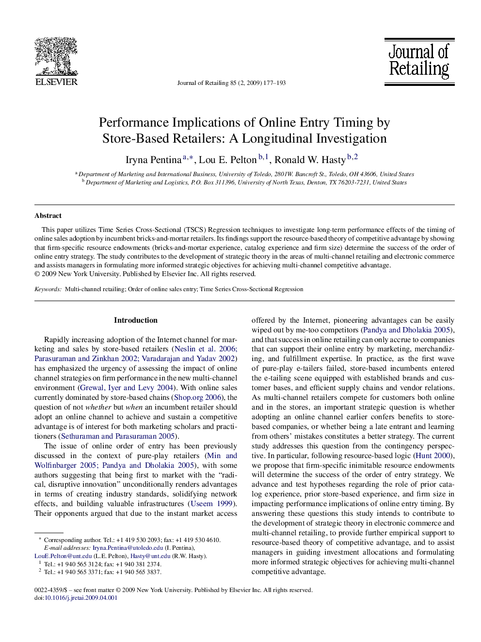 Performance Implications of Online Entry Timing by Store-Based Retailers: A Longitudinal Investigation