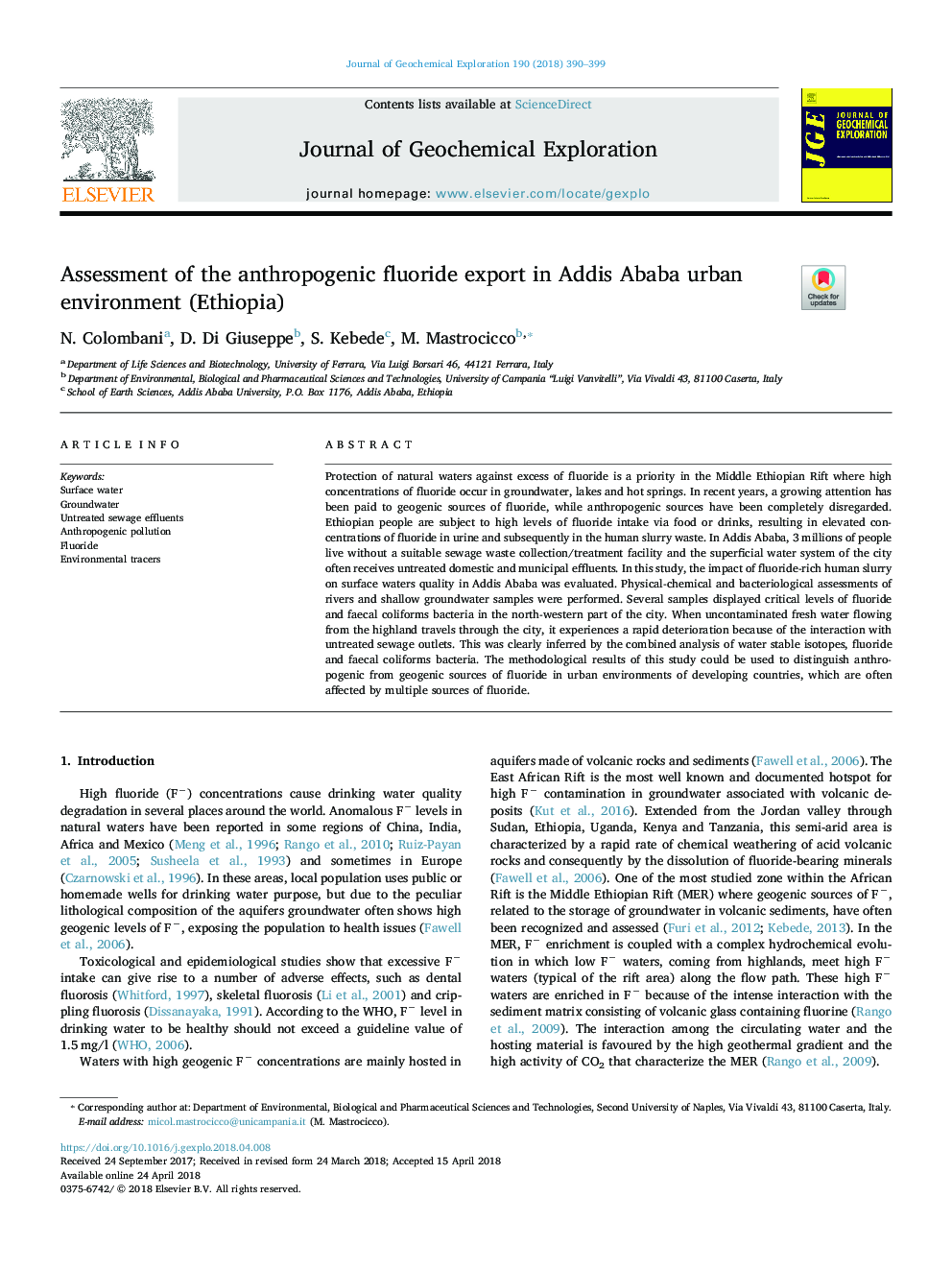 Assessment of the anthropogenic fluoride export in Addis Ababa urban environment (Ethiopia)