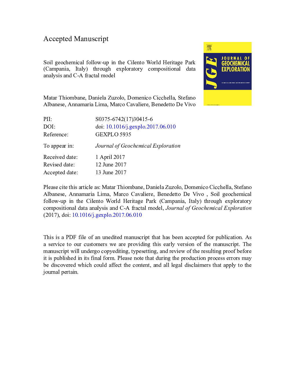 Soil geochemical follow-up in the Cilento World Heritage Park (Campania, Italy) through exploratory compositional data analysis and C-A fractal model