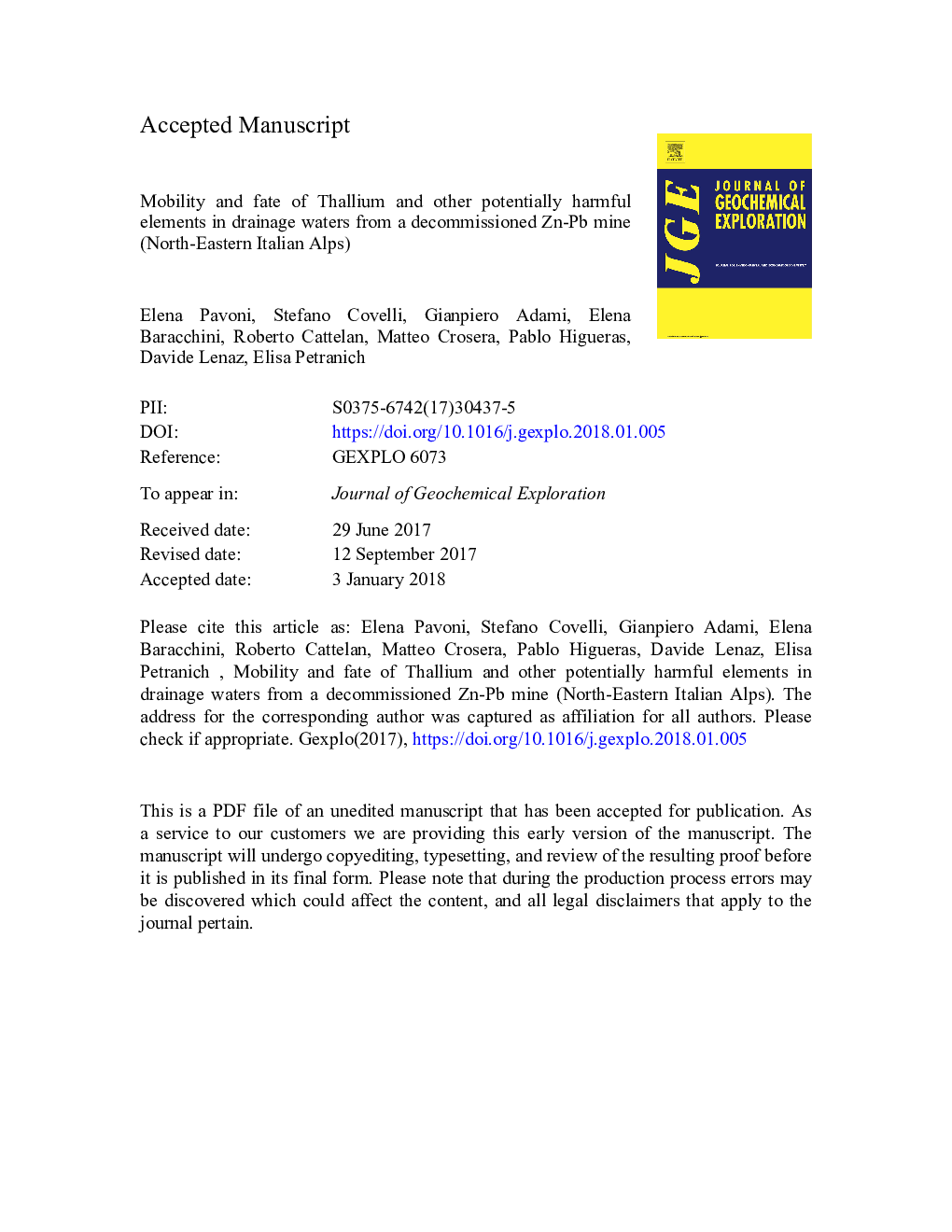 Mobility and fate of Thallium and other potentially harmful elements in drainage waters from a decommissioned Zn-Pb mine (North-Eastern Italian Alps)