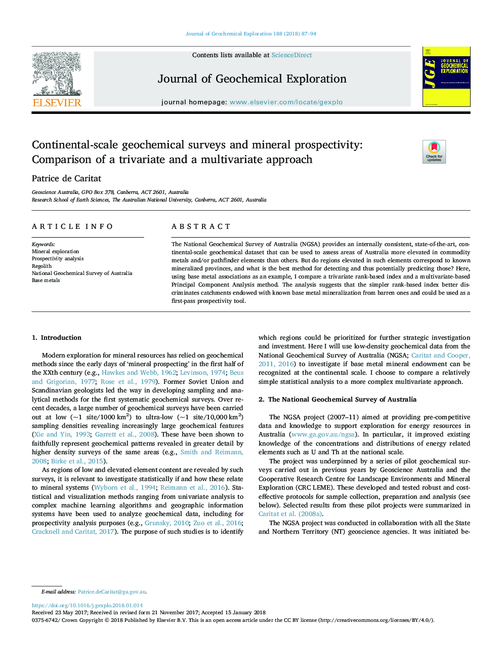 Continental-scale geochemical surveys and mineral prospectivity: Comparison of a trivariate and a multivariate approach