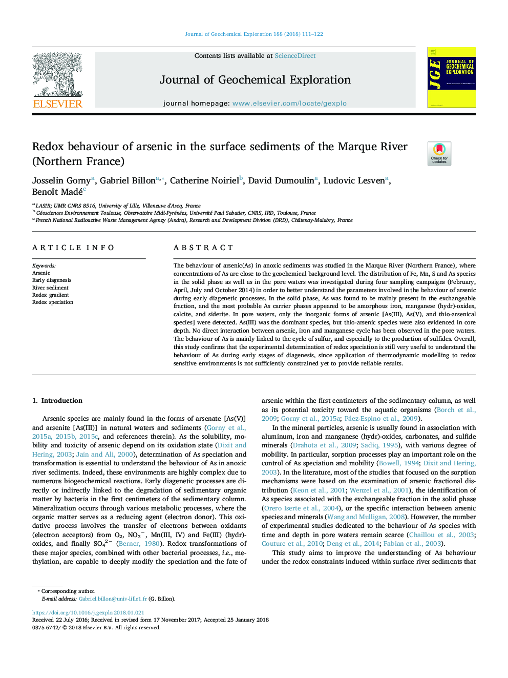 Redox behaviour of arsenic in the surface sediments of the Marque River (Northern France)