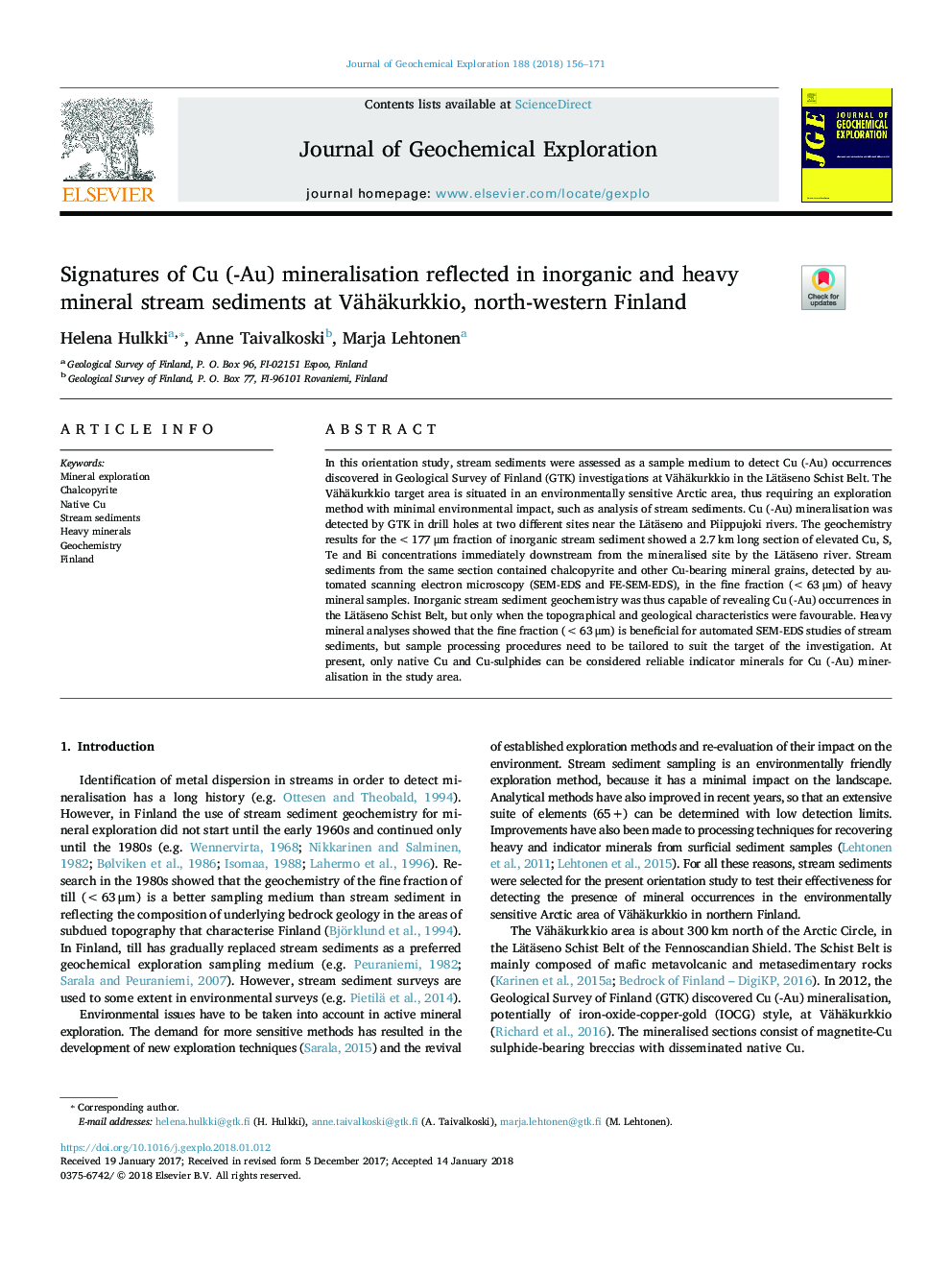 عکس صفحه اول مقاله: Signatures of Cu (-Au) mineralisation reflected in inorganic and heavy mineral stream sediments at Vähäkurkkio, north-western Finland Signatures of Cu (-Au) mineralisation reflected in inorganic and heavy mineral stream sediments at Vähäkurkkio, north-western Finland