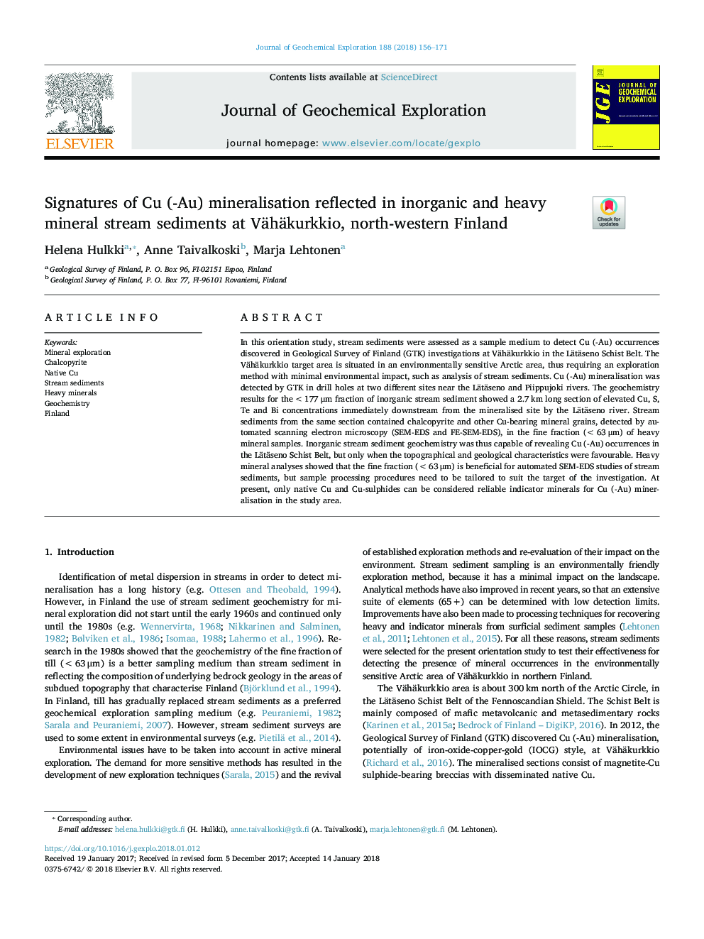 Signatures of Cu (-Au) mineralisation reflected in inorganic and heavy mineral stream sediments at Vähäkurkkio, north-western Finland