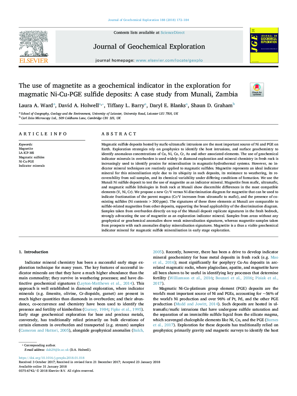 The use of magnetite as a geochemical indicator in the exploration for magmatic Ni-Cu-PGE sulfide deposits: A case study from Munali, Zambia