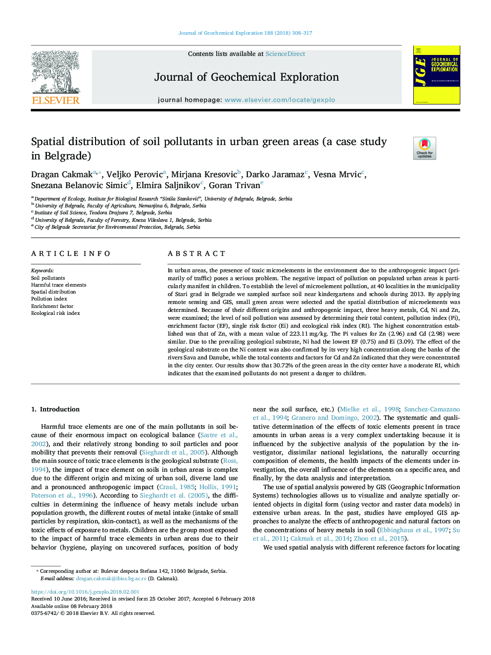 Spatial distribution of soil pollutants in urban green areas (a case study in Belgrade)