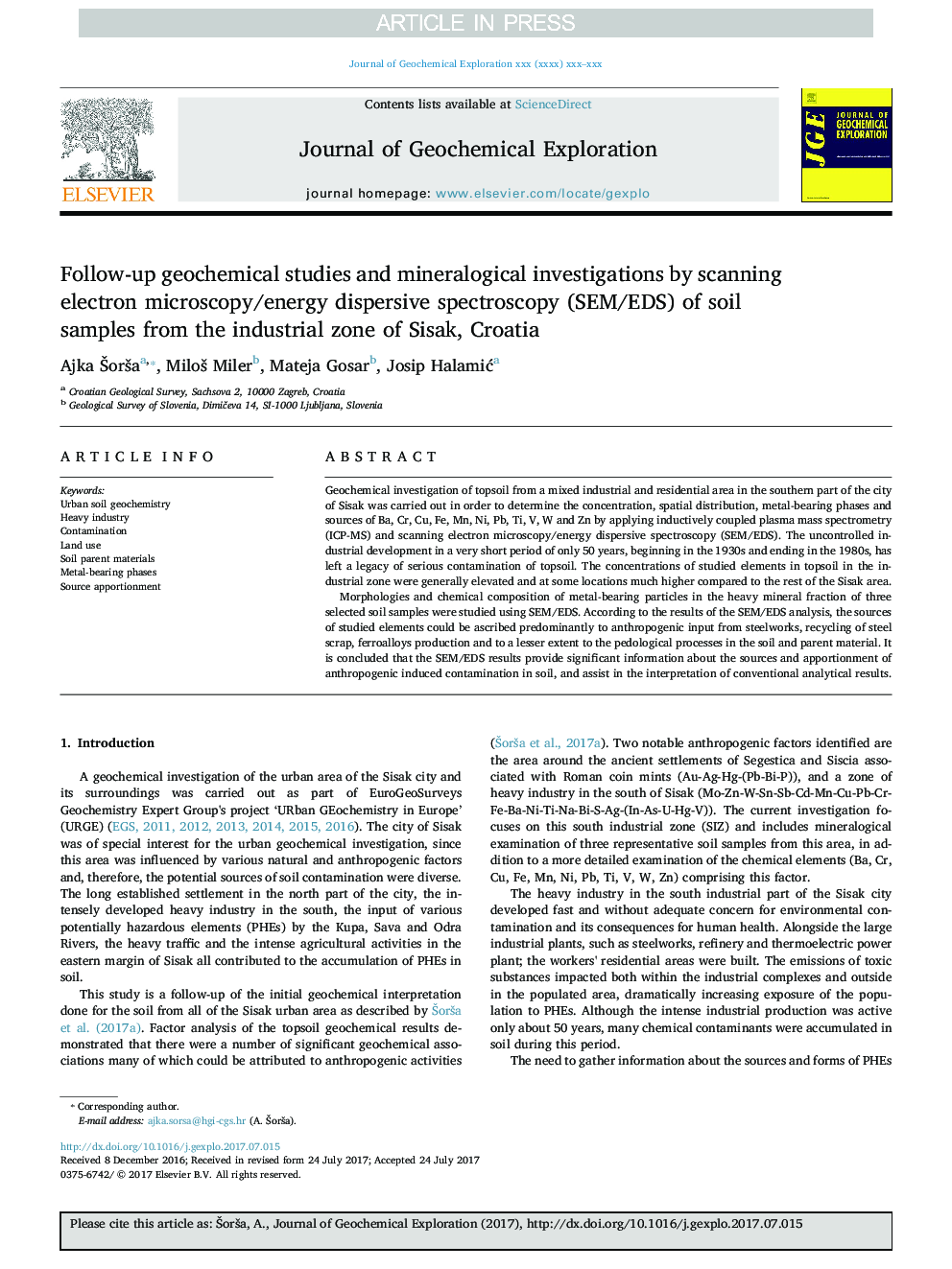 Follow-up geochemical studies and mineralogical investigations by scanning electron microscopy/energy dispersive spectroscopy (SEM/EDS) of soil samples from the industrial zone of Sisak, Croatia