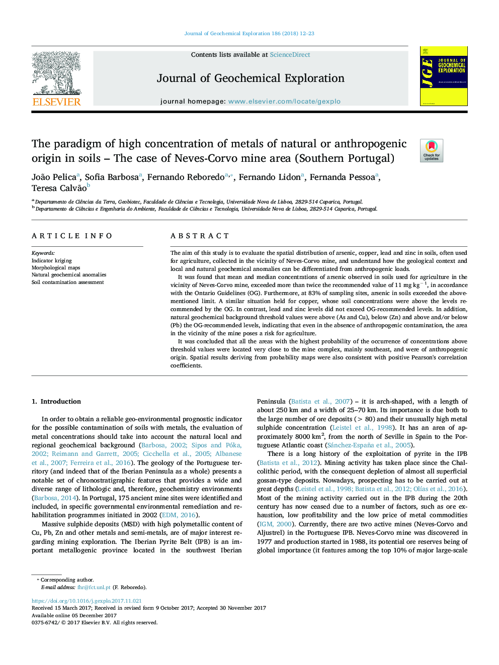 The paradigm of high concentration of metals of natural or anthropogenic origin in soils - The case of Neves-Corvo mine area (Southern Portugal)