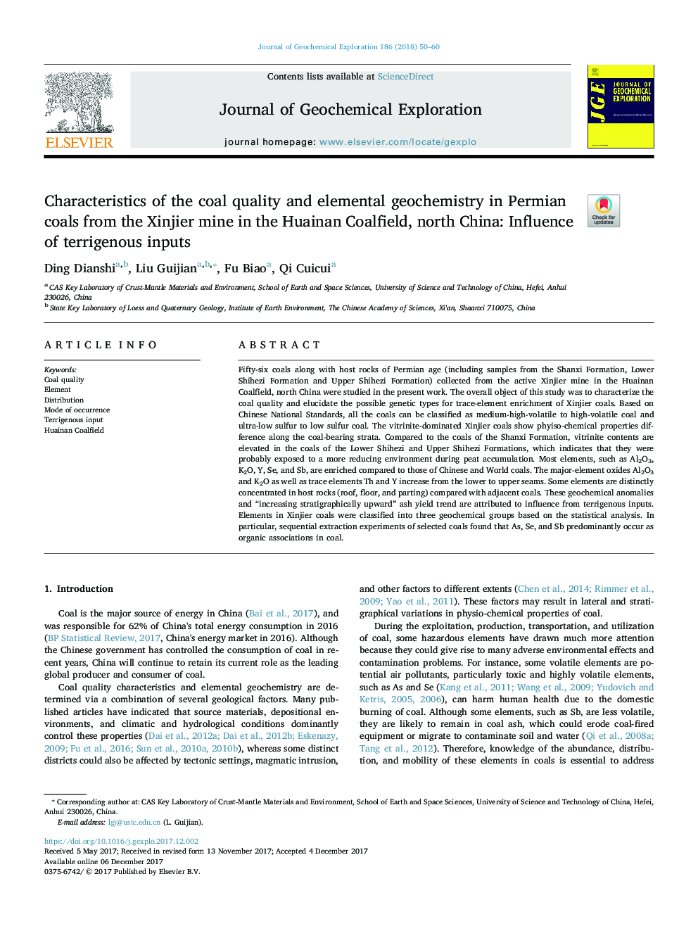 Characteristics of the coal quality and elemental geochemistry in Permian coals from the Xinjier mine in the Huainan Coalfield, north China: Influence of terrigenous inputs