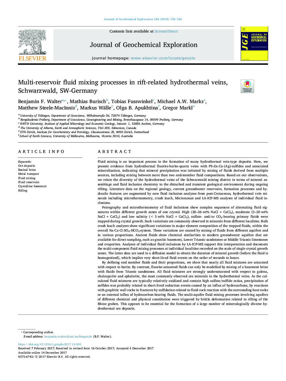 Multi-reservoir fluid mixing processes in rift-related hydrothermal veins, Schwarzwald, SW-Germany