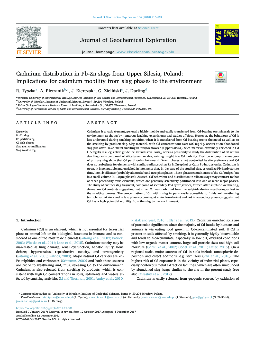 Cadmium distribution in Pb-Zn slags from Upper Silesia, Poland: Implications for cadmium mobility from slag phases to the environment