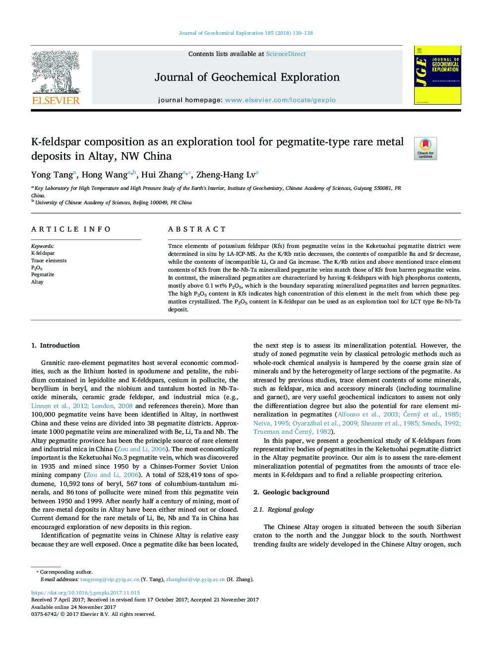 K-feldspar composition as an exploration tool for pegmatite-type rare metal deposits in Altay, NW China