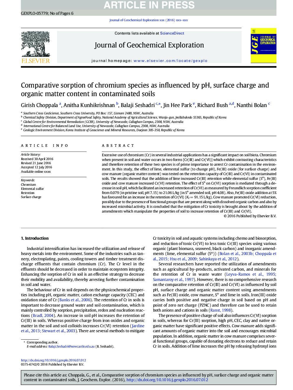 Comparative sorption of chromium species as influenced by pH, surface charge and organic matter content in contaminated soils