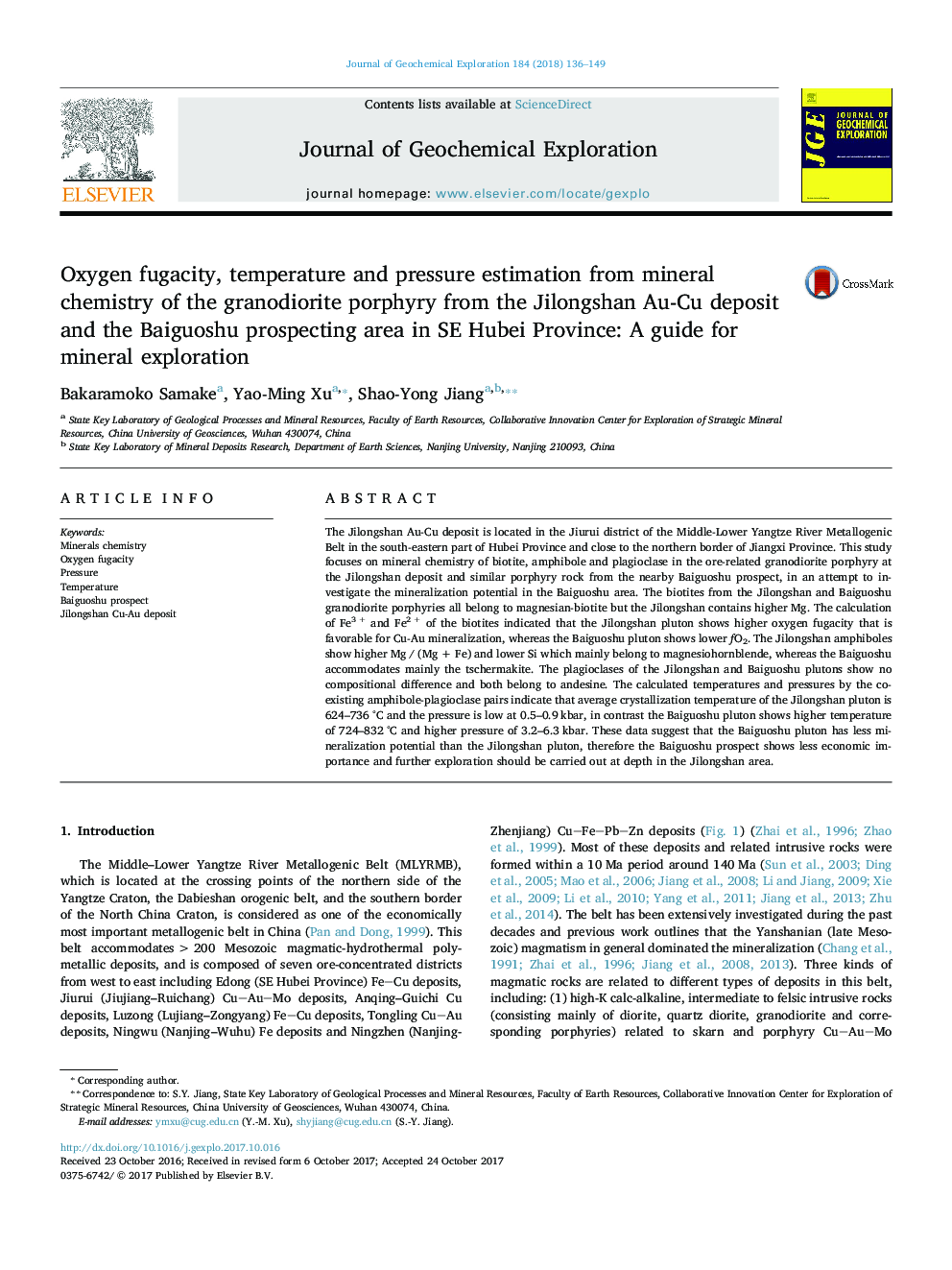 Oxygen fugacity, temperature and pressure estimation from mineral chemistry of the granodiorite porphyry from the Jilongshan Au-Cu deposit and the Baiguoshu prospecting area in SE Hubei Province: A guide for mineral exploration