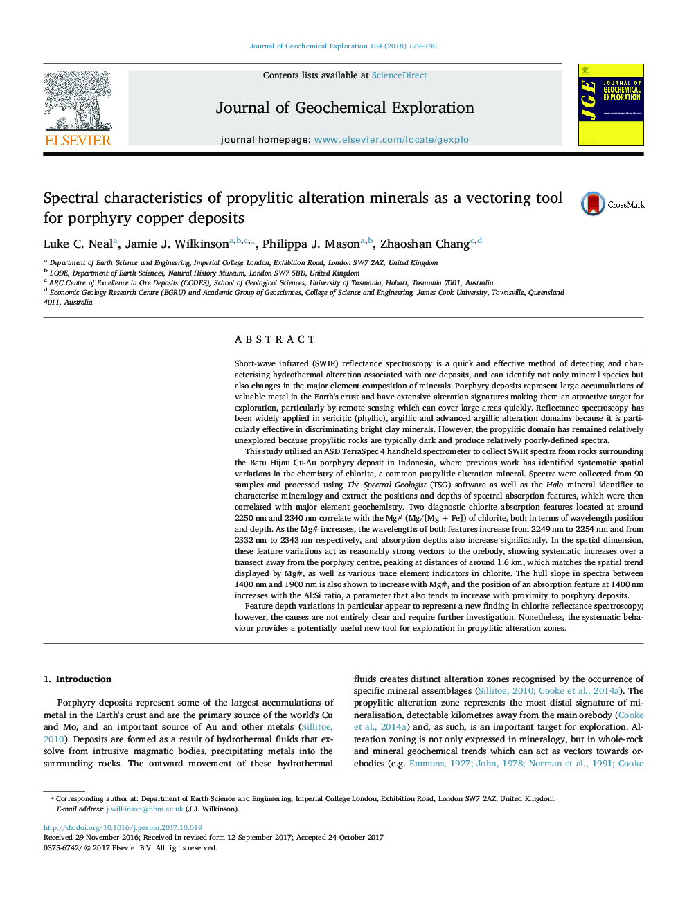 Spectral characteristics of propylitic alteration minerals as a vectoring tool for porphyry copper deposits