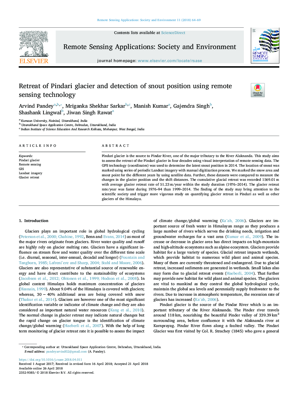 Retreat of Pindari glacier and detection of snout position using remote sensing technology