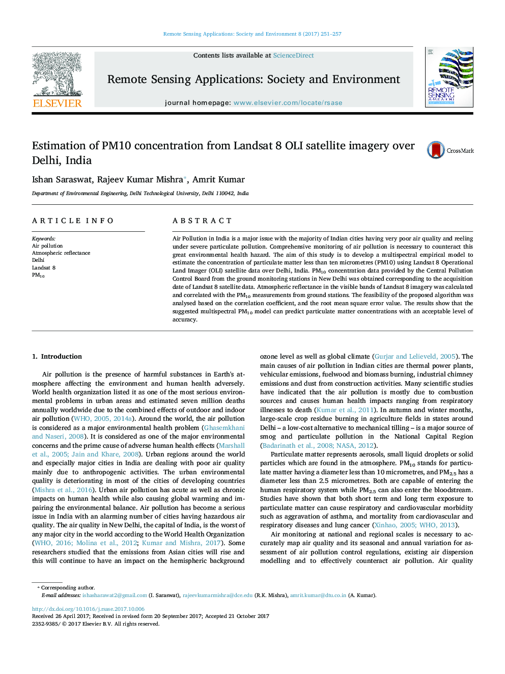 Estimation of PM10 concentration from Landsat 8 OLI satellite imagery over Delhi, India