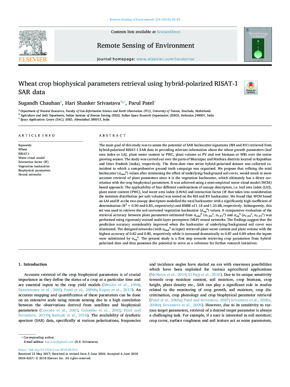 Wheat crop biophysical parameters retrieval using hybrid-polarized RISAT-1 SAR data