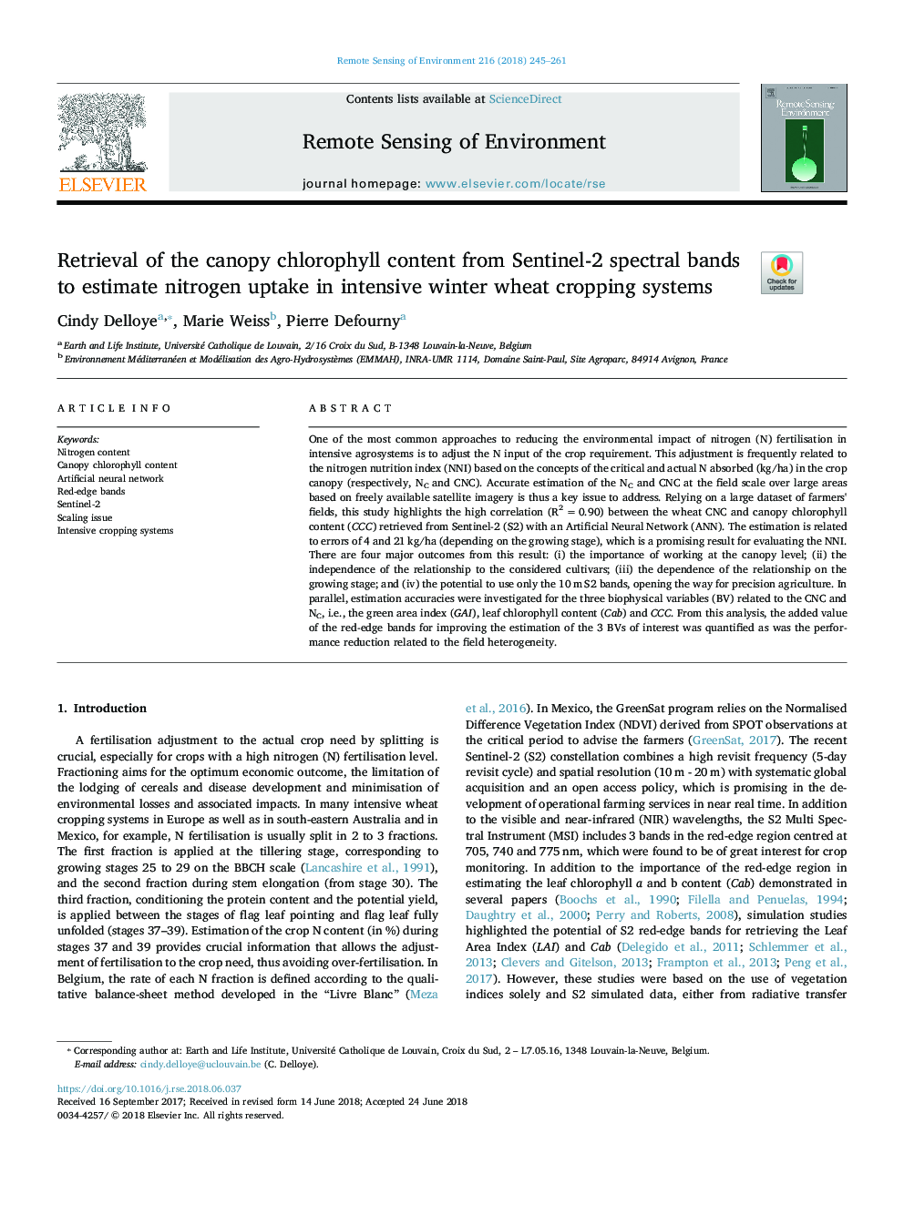 Retrieval of the canopy chlorophyll content from Sentinel-2 spectral bands to estimate nitrogen uptake in intensive winter wheat cropping systems