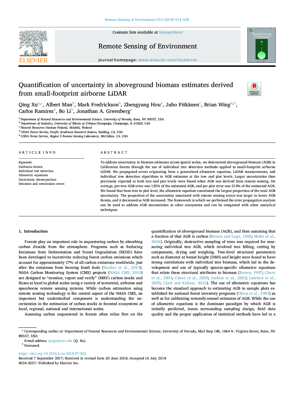 Quantification of uncertainty in aboveground biomass estimates derived from small-footprint airborne LiDAR