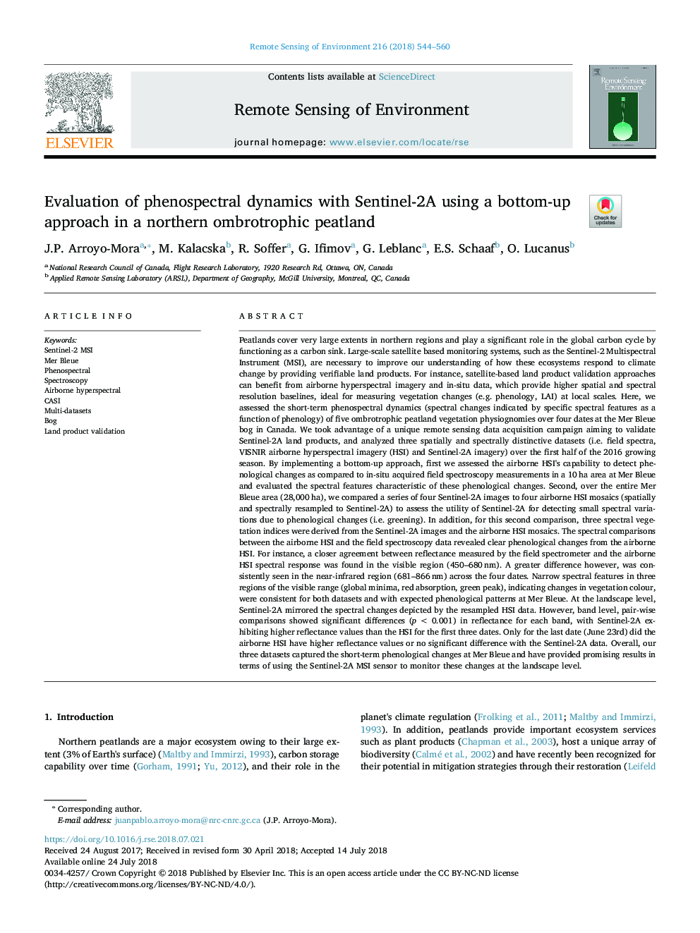 Evaluation of phenospectral dynamics with Sentinel-2A using a bottom-up approach in a northern ombrotrophic peatland