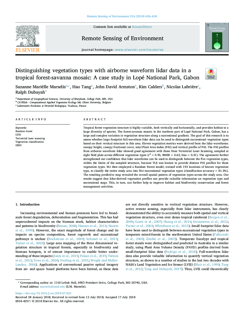 Distinguishing vegetation types with airborne waveform lidar data in a tropical forest-savanna mosaic: A case study in Lopé National Park, Gabon