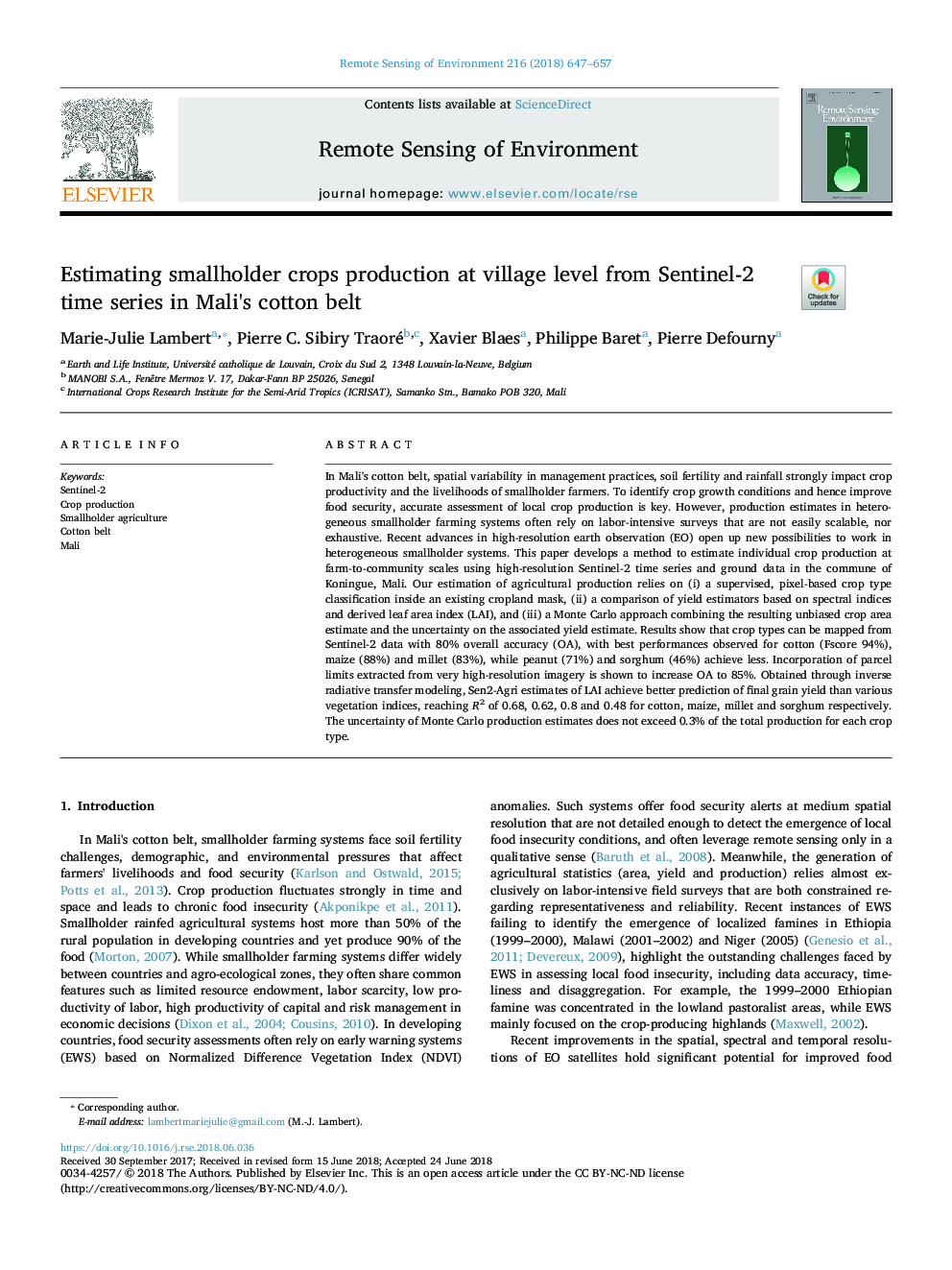Estimating smallholder crops production at village level from Sentinel-2 time series in Mali's cotton belt