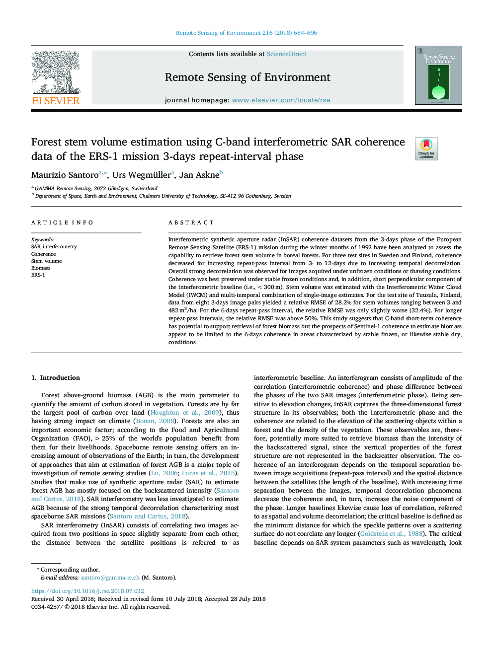 Forest stem volume estimation using C-band interferometric SAR coherence data of the ERS-1 mission 3-days repeat-interval phase
