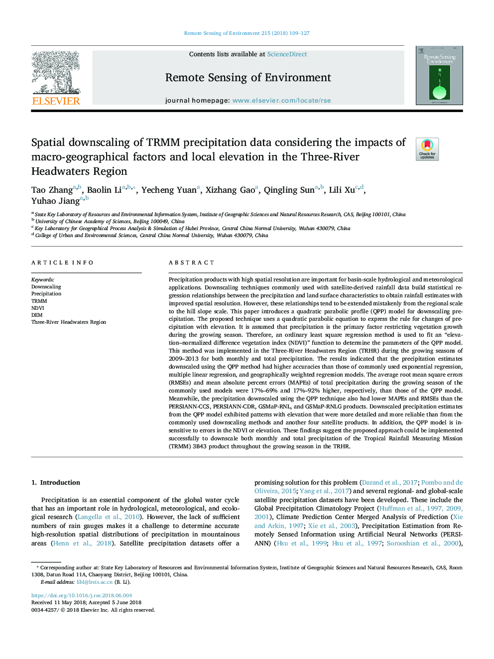 Spatial downscaling of TRMM precipitation data considering the impacts of macro-geographical factors and local elevation in the Three-River Headwaters Region