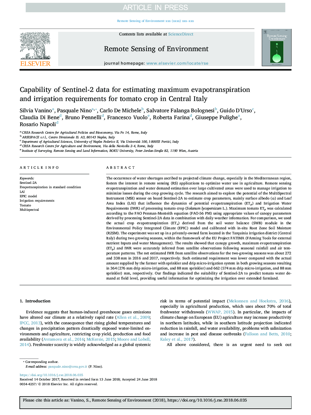 Capability of Sentinel-2 data for estimating maximum evapotranspiration and irrigation requirements for tomato crop in Central Italy