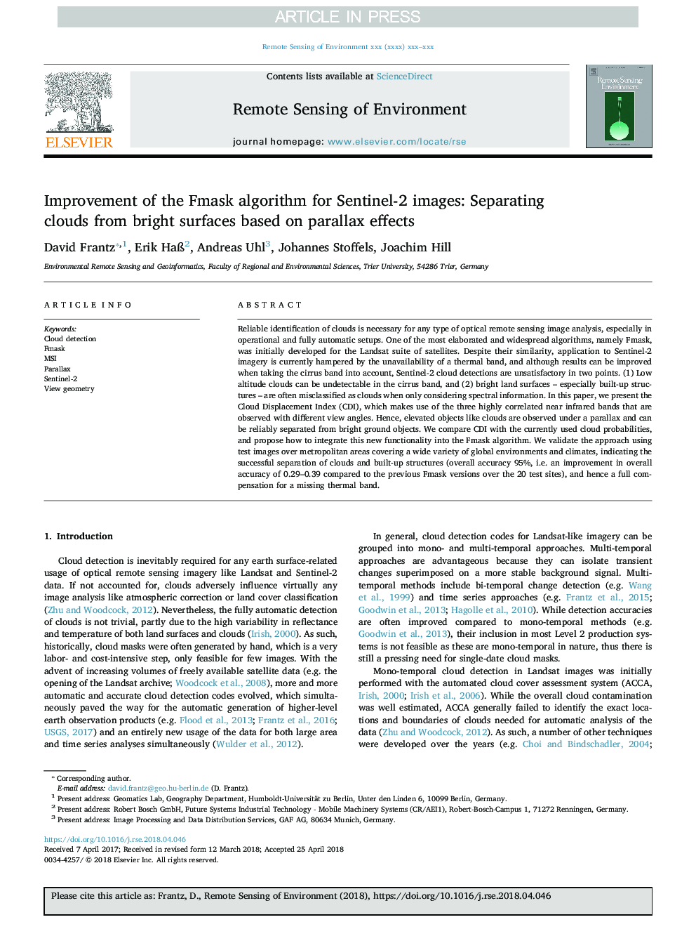 Improvement of the Fmask algorithm for Sentinel-2 images: Separating clouds from bright surfaces based on parallax effects