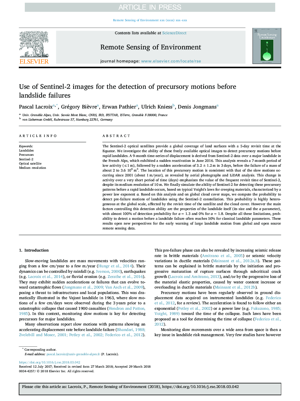 Use of Sentinel-2 images for the detection of precursory motions before landslide failures