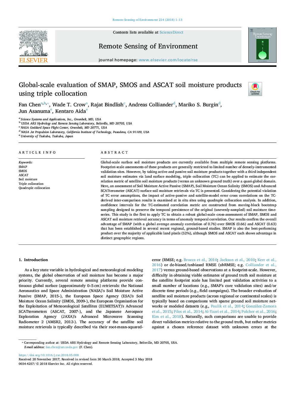 Global-scale evaluation of SMAP, SMOS and ASCAT soil moisture products using triple collocation