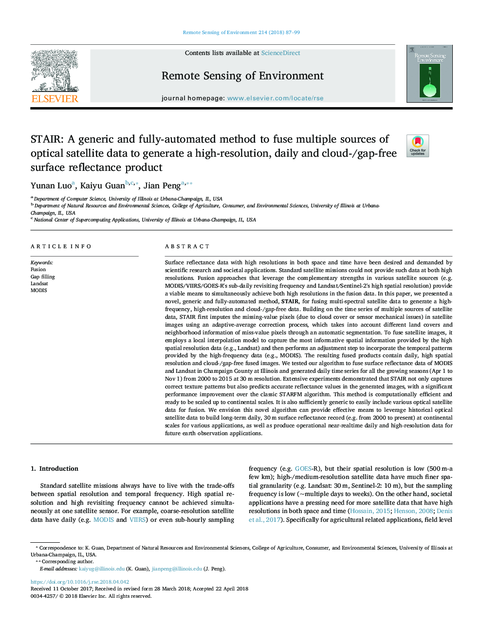 STAIR: A generic and fully-automated method to fuse multiple sources of optical satellite data to generate a high-resolution, daily and cloud-/gap-free surface reflectance product