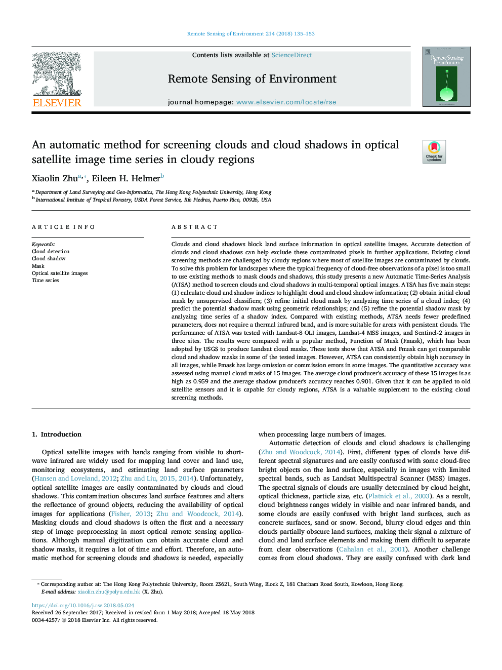 An automatic method for screening clouds and cloud shadows in optical satellite image time series in cloudy regions