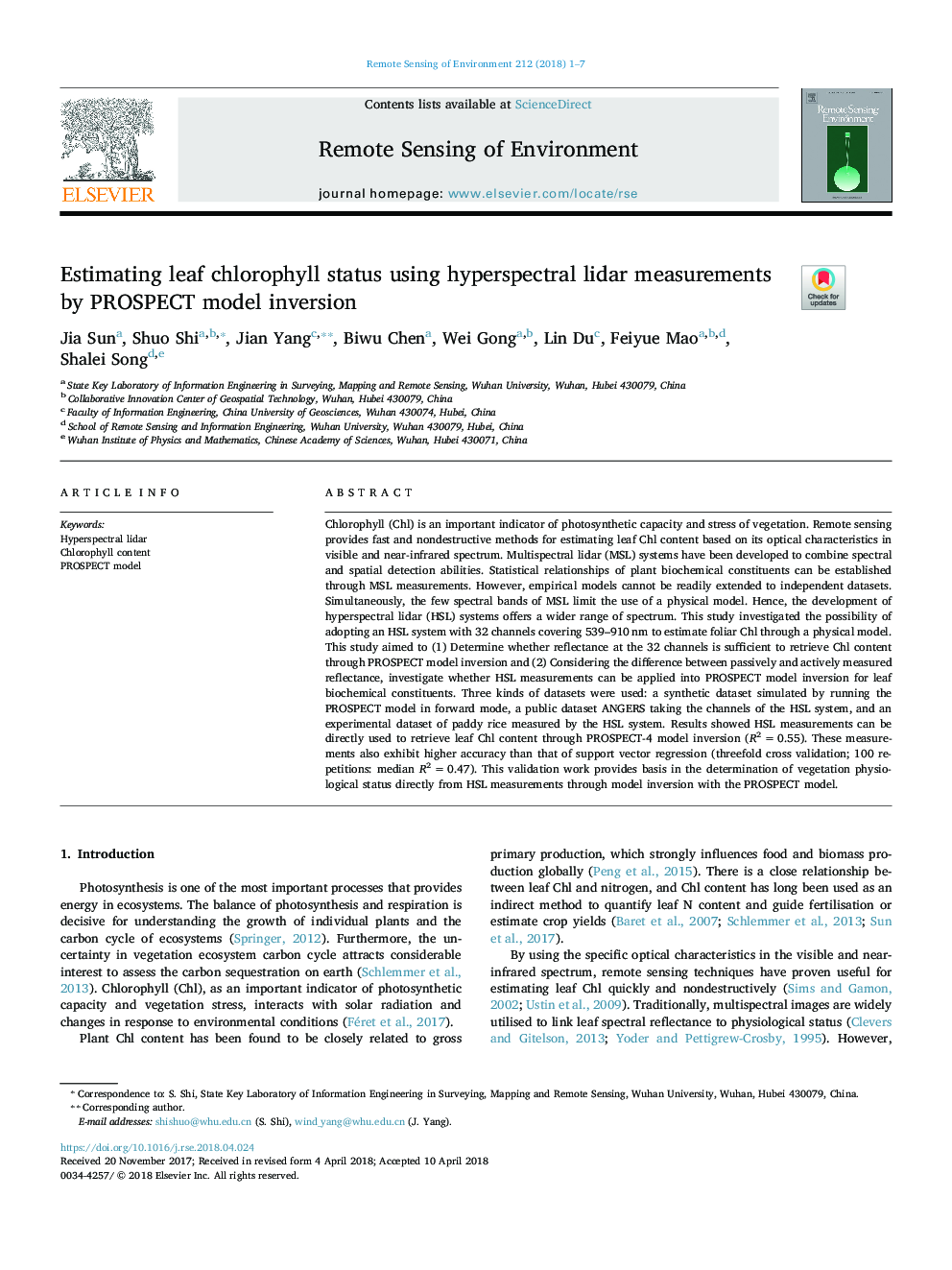 Estimating leaf chlorophyll status using hyperspectral lidar measurements by PROSPECT model inversion