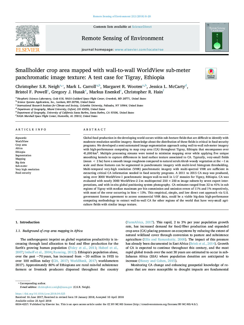 Smallholder crop area mapped with wall-to-wall WorldView sub-meter panchromatic image texture: A test case for Tigray, Ethiopia