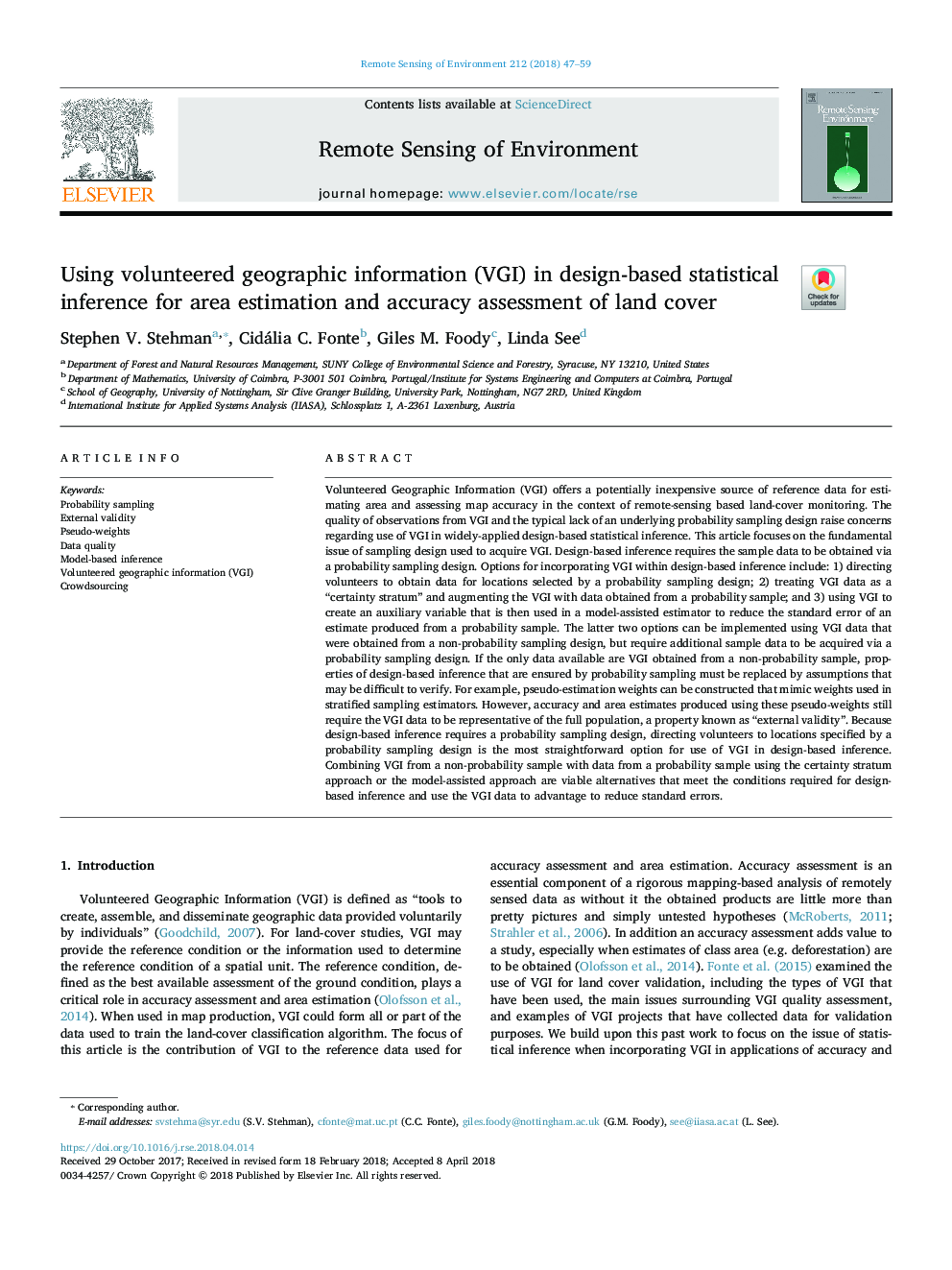 Using volunteered geographic information (VGI) in design-based statistical inference for area estimation and accuracy assessment of land cover